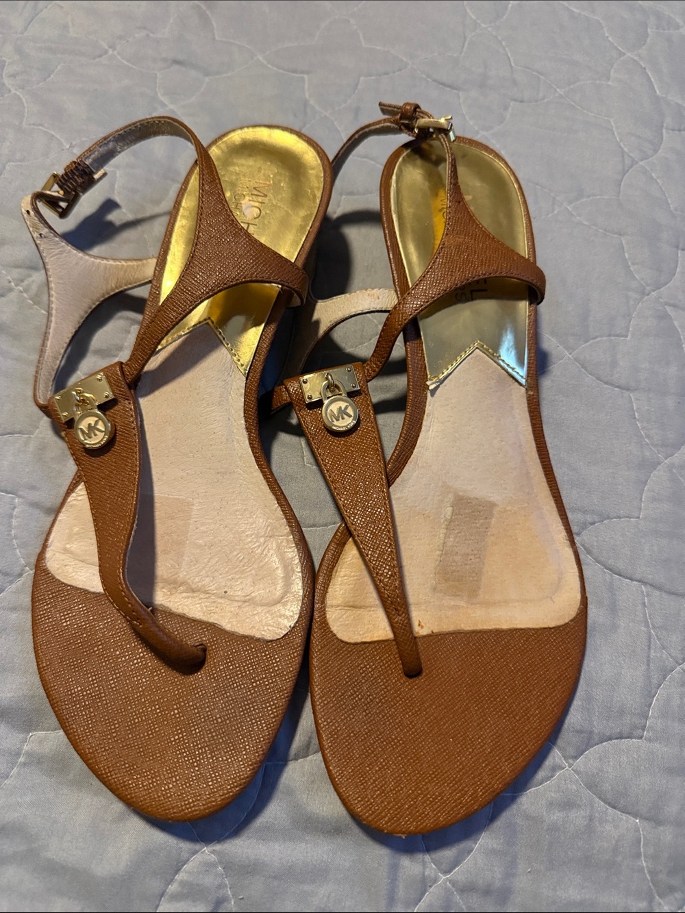 Michael Kors Brown T-Strap Sandals with Gold Accents